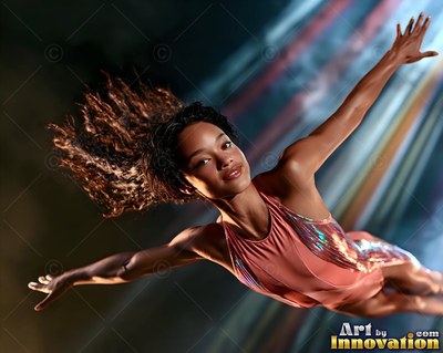 A woman flies forward with open arms through streaks of cool blue light