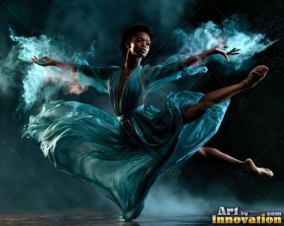 Leaping in dark space, a woman in a teal dress scatters smoke