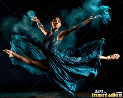 A woman in a blue dress leaps in a split with teal powder in the air