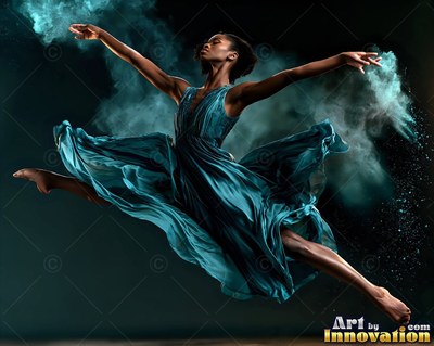 In a dark studio, a woman in a teal dress leaps through teal powder dust