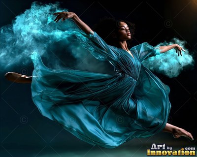 Leaping in the dark, a dancing woman moves in a teal dress trailed by teal smoke powder