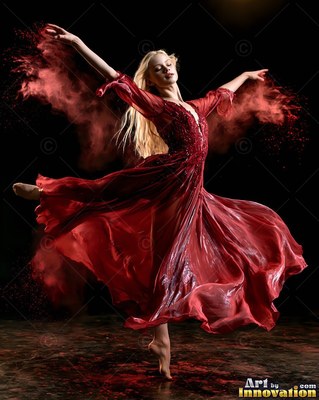 Woman dancing in a flowing red dress with red powder in the air