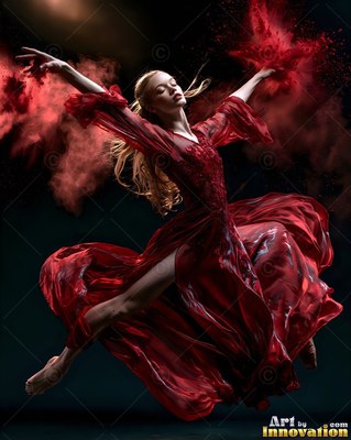 A flowing red dress lifts as a woman leaps midair through red powder in a dark studio