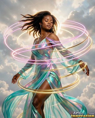 Dancing outdoors, a woman in a shiny teal dress turns inside bright light rings