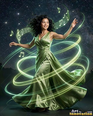Wearing a green silk gown, a dancing woman moves under starry skies with bright green music trails