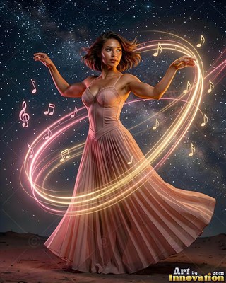 A woman in a pink dress dances under stars, circled by loops of bright golden light