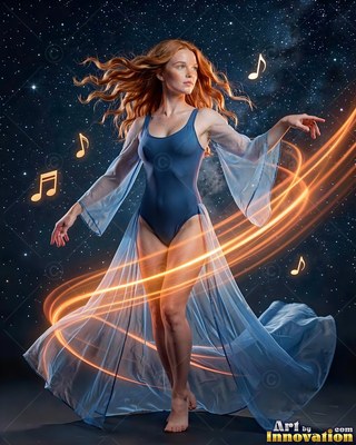 A barefoot woman twirls in space with bright orange light trails looping her blue dress