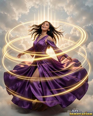 In a cloudy sky, a smiling woman in a purple dress spins inside rings of yellow light