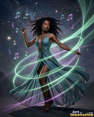Dancing under stars, a woman in a teal dress swirls green light trails and musical notes
