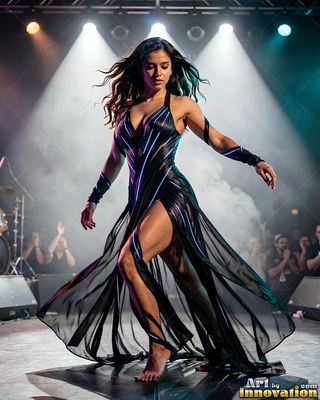 Slit black dress flowing around a barefoot woman dancing on a stage under white spotlights
