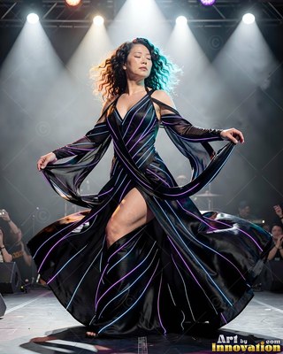 A woman dances on stage in a black gown trimmed with bright purple light lines