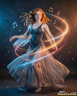 In a dark studio, a red-haired woman spins inside loops of bright light