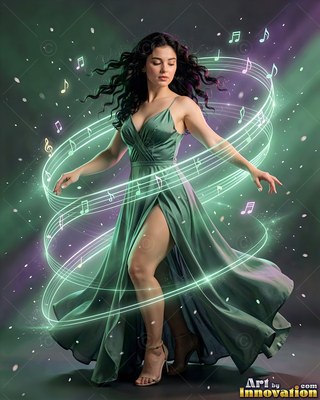 Dancing in a green dress, a woman is encircled by bright rings of musical notes