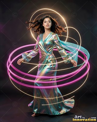 In a dark room, a woman in a shiny dress stands circled by pink loops of light