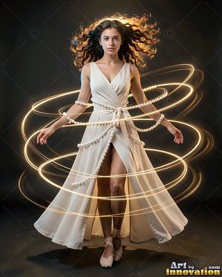 Woman in a white dress with loops of bright light around her body