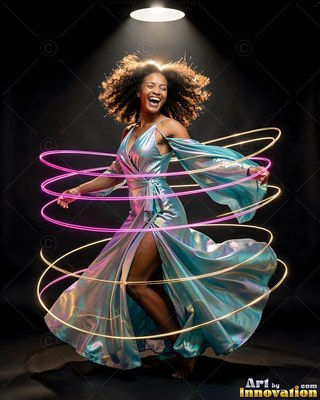 Under a spotlight, a smiling woman in a shiny blue dress spins inside neon hoops