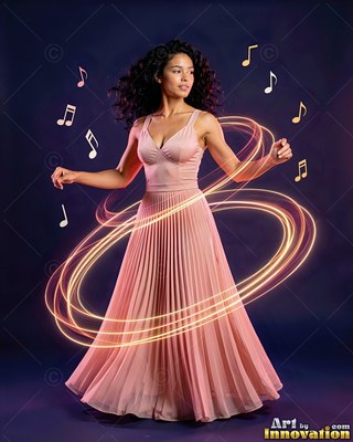 Spinning in a pink dress, a woman is encircled by bright rings of light and music notes