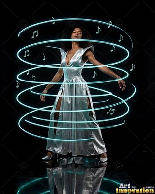A woman in a silver dress stands circled by blue light rings and notes