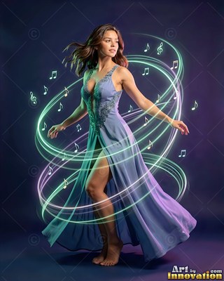 Standing bare-footed in a dark studio, a woman turns in a blue gown circled by light loops