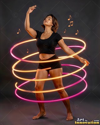 A woman in black shorts dances inside spirals of pink and yellow light