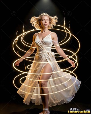 In the dark, a woman in a white dress spins inside spirals of yellow light