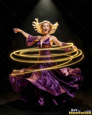 A blonde woman spins in a purple dress ringed by bright yellow lines of light