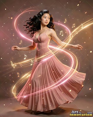 A woman in a pink pleated dress spins inside trails of light and musical notes