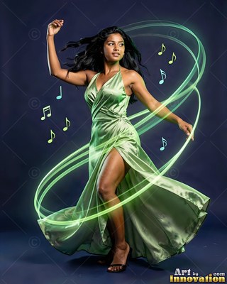 In a green satin dress against a dark backdrop, a dancing woman moves inside bright green loops of light