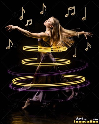 A woman spins in a dark dress with bright yellow rings of light around her waist