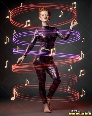 In a dark studio, a woman in purple sparkles stands circled by neon lines and music notes