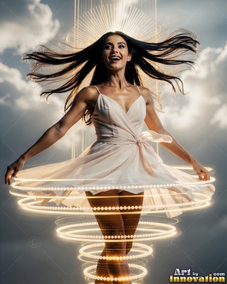 Spinning outdoors, a smiling woman wears a pale dress circled by bright rings of light