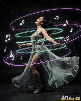 A woman in a flowing slit dress dances in the dark encircled by green light rings and music notes