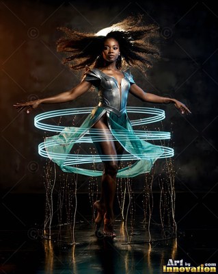 A woman poses on tiptoe with pale blue light rings encircling her waist