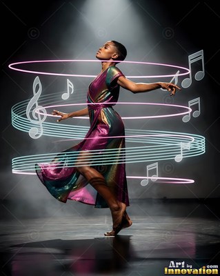 A barefoot woman dances under a spotlight with pink light rings around her dress