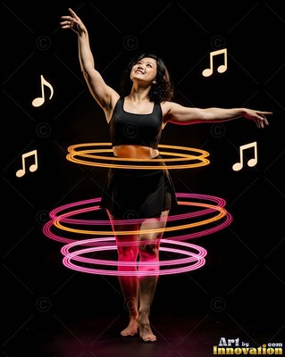 Woman dancing inside rings of light with music notes