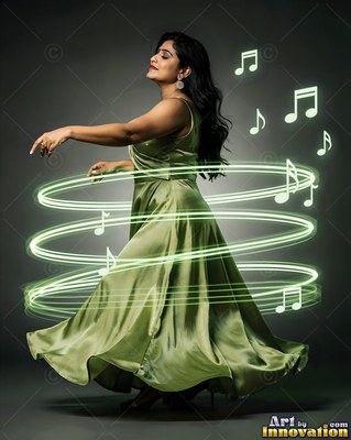Spinning in a studio, a woman in a green dress is ringed by light rings