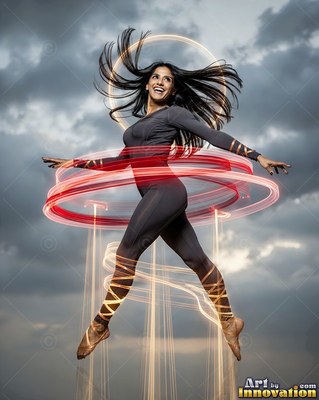 A smiling woman leaps midair surrounded by bright red and gold light rings