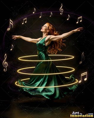 Dancing in a dark room, a red-haired woman in a green dress spins inside rings of light