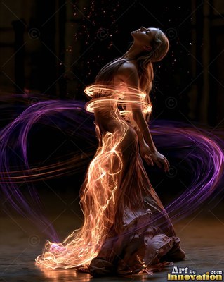 A dancing woman leans back as bright orange and purple light swirls around her dress