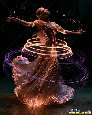 In the dark, a dancing woman spins in a dress with purple light rings around her waist