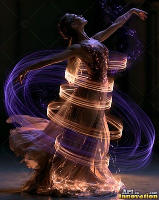 Spinning in the dark, a woman in a long dress is wrapped in purple and gold light loops