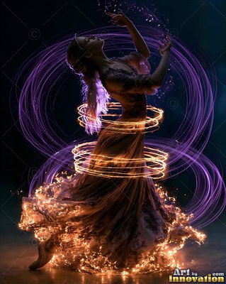Woman dancing in a long dress circled by purple loops of light