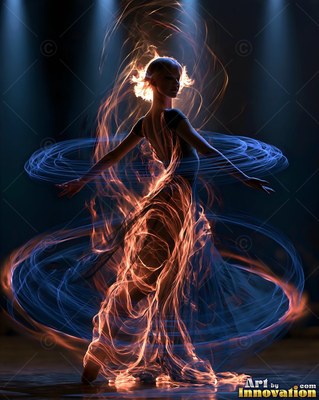Wearing a dark leotard on a dark stage, a woman spins inside fiery orange and blue light loops