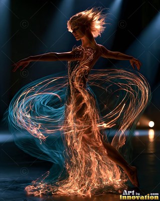 A woman spins on tiptoe as curved trails of orange and blue light swirl around her