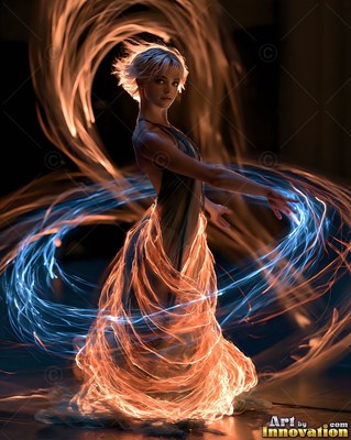 Turning sideways in the dark, a woman dances in orange and blue traces of light