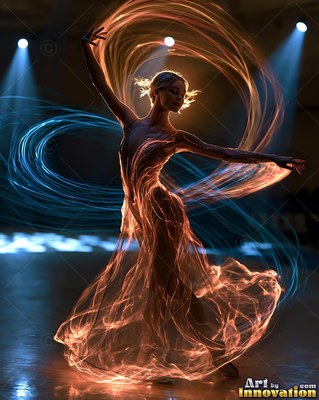 A dancing woman moves on a dark stage wrapped in orange and blue trails of light