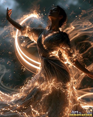 In the dark, a woman spins in a dress made of bright fiery light ribbons