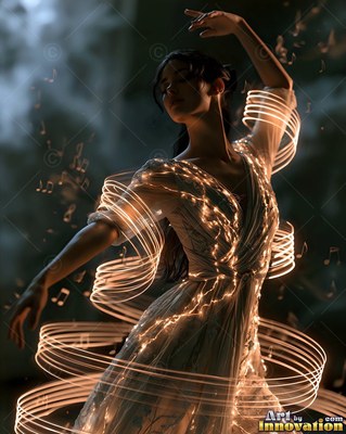 Dancing in the dark, a woman in a white dress is wrapped in loops of light and music notes