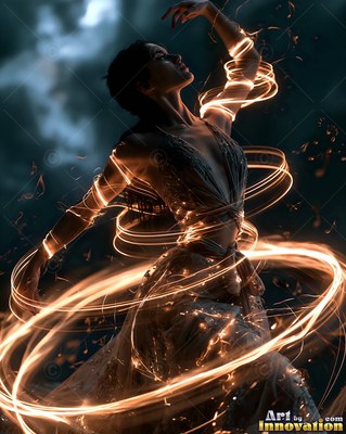 Woman dancing in a dark dress with bright light swirls around her