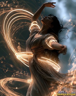 Dressed in a flowing beige gown, a dancing woman moves in dark mist ringed by bright trails of light
